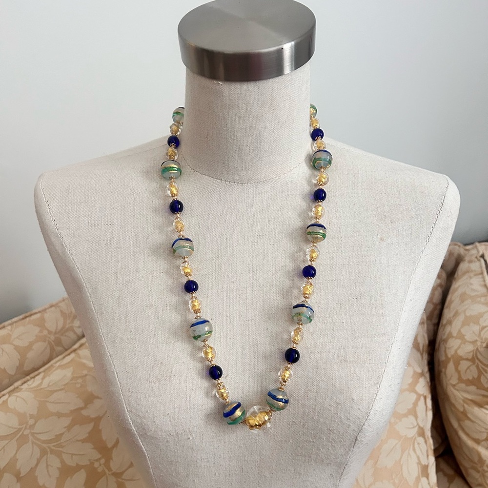 VINTAGE ALABASTER, BLUE, GREEN AND GOLD FOIL BEADS GLASS by Alexander Lee